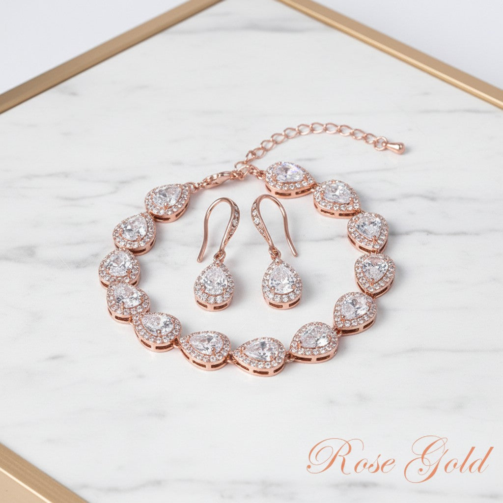 CUBIC ZIRCONIA COLLECTION - CRYSTAL TEARDROP BRACELET SET BRA36- ROSE GOLD