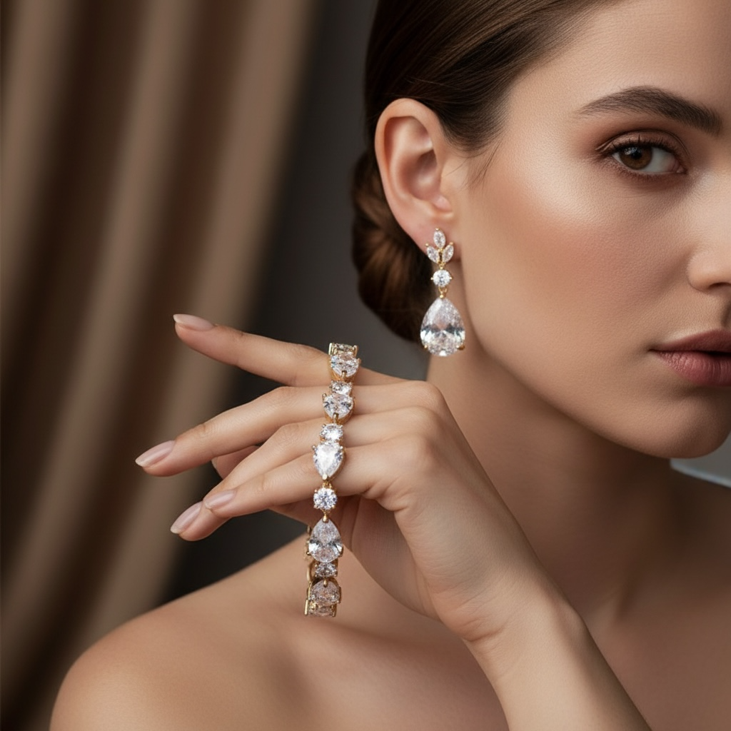 CUBIC ZIRCONIA COLLECTION -CHIC CRYSTAL BRACELET SET - GOLD