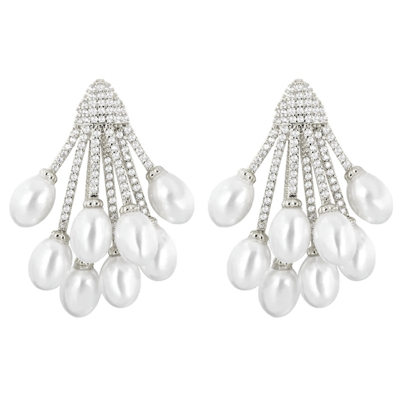CUBIC ZIRCONIA COLLECTION - PEARL CLUSTER EARRINGS - CZER862 SILVER