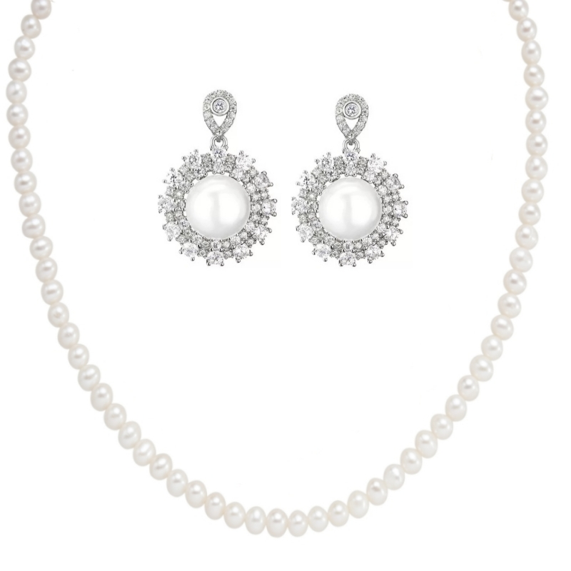 CUBIC ZIRCONIA COLLECTION - VINTAGE INSPIRED PEARL NECKLACE SET - CZNK265 SILVER