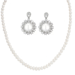 CUBIC ZIRCONIA COLLECTION - VINTAGE INSPIRED PEARL NECKLACE SET - CZNK265 SILVER