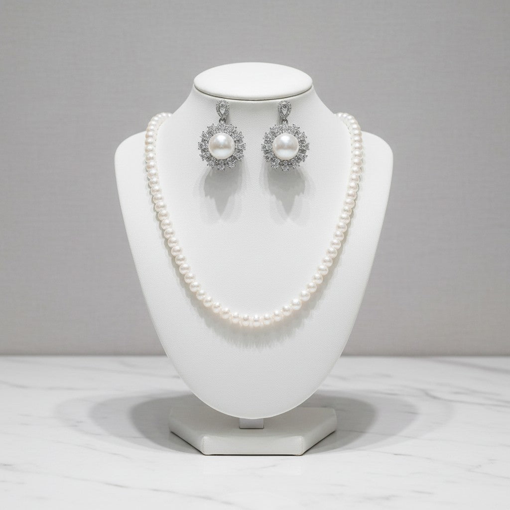 CUBIC ZIRCONIA COLLECTION - VINTAGE INSPIRED PEARL NECKLACE SET - CZNK265 SILVER