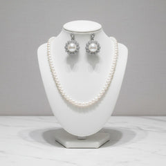 CUBIC ZIRCONIA COLLECTION - VINTAGE INSPIRED PEARL NECKLACE SET - CZNK265 SILVER