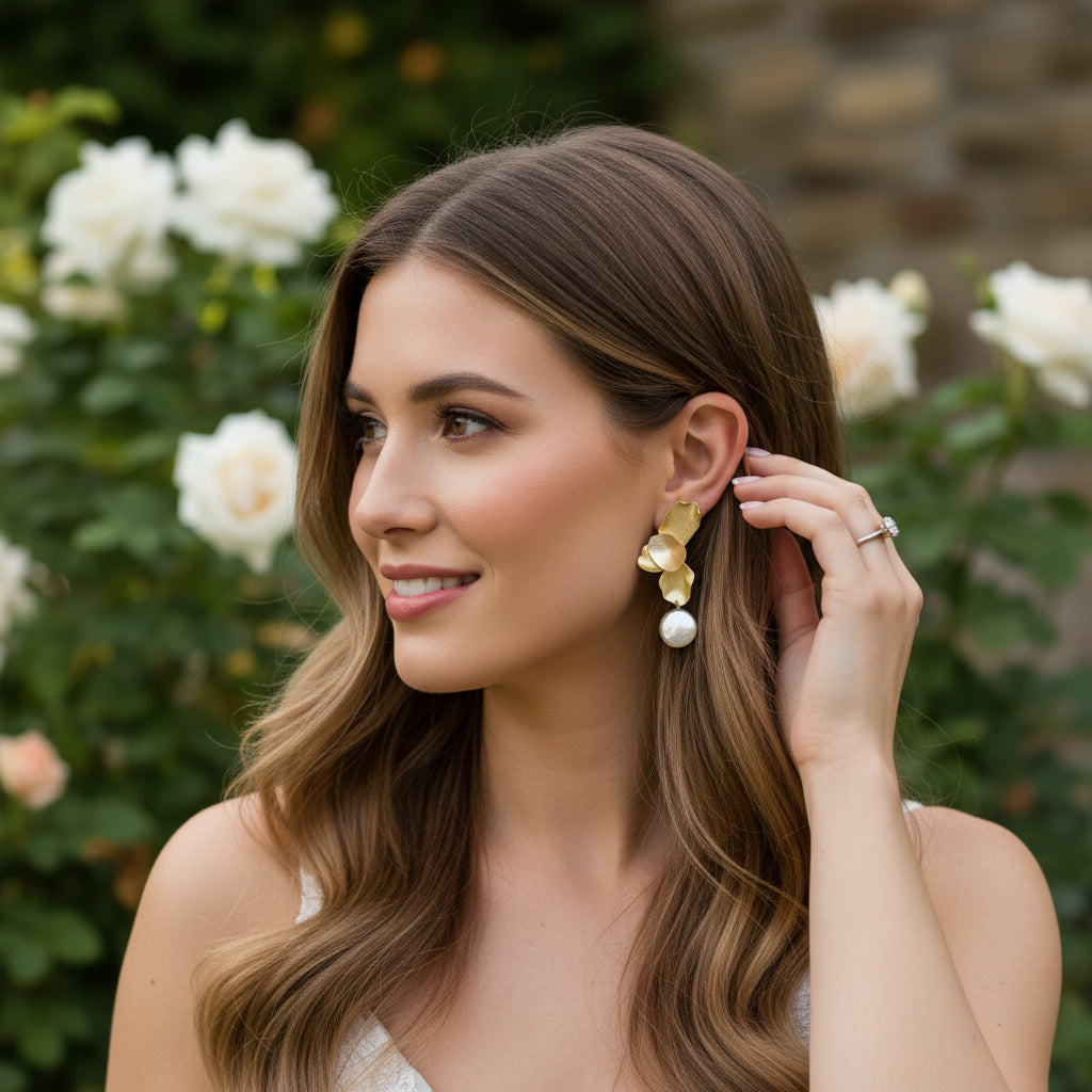 ATHENA COLLECTION -FLOWER PEARL DROP EARRINGS - CZER875 GOLD