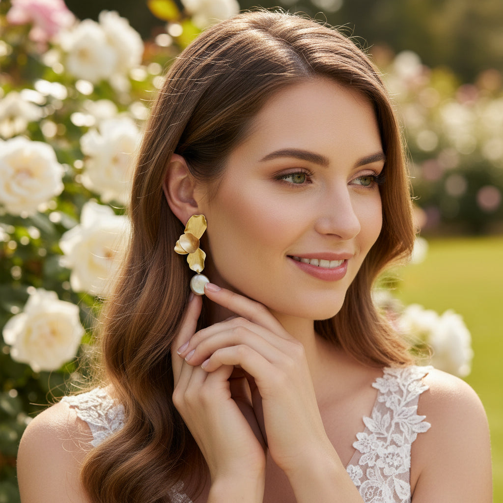 ATHENA COLLECTION -FLOWER PEARL DROP EARRINGS - CZER875 GOLD