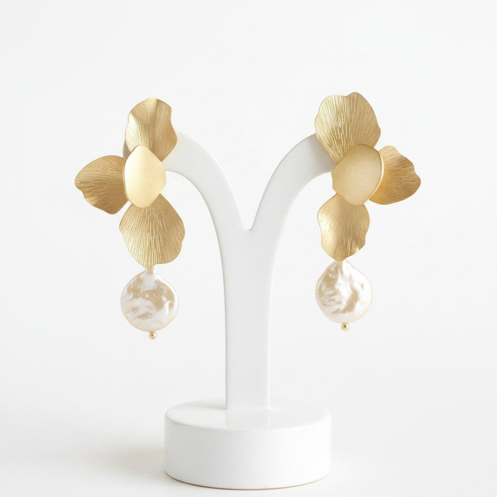 ATHENA COLLECTION -FLOWER PEARL DROP EARRINGS - CZER875 GOLD