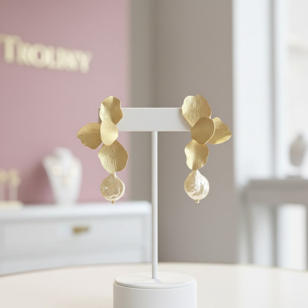 ATHENA COLLECTION -FLOWER PEARL DROP EARRINGS - CZER875 GOLD