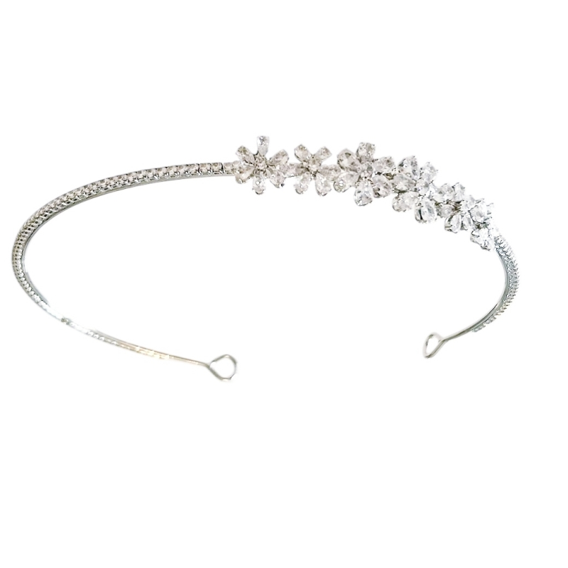 CUBIC ZIRCONIA COLLECTION - CRYSTAL FLOWER HEADBAND - AHB218 SILVER