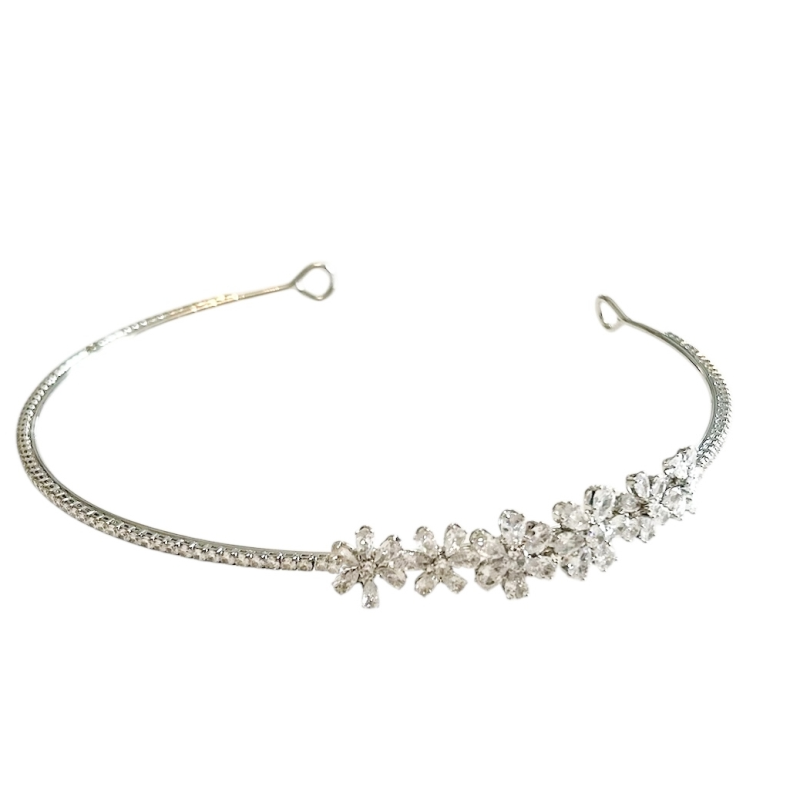 CUBIC ZIRCONIA COLLECTION - CRYSTAL FLOWER HEADBAND - AHB218 SILVER