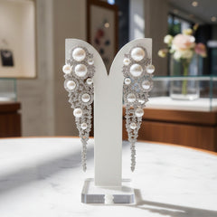 CUBIC ZIRCONIA CRYSTAL - GLITZY GLAM PEARL STATEMENT EARRINGS - CZER885 SILVER