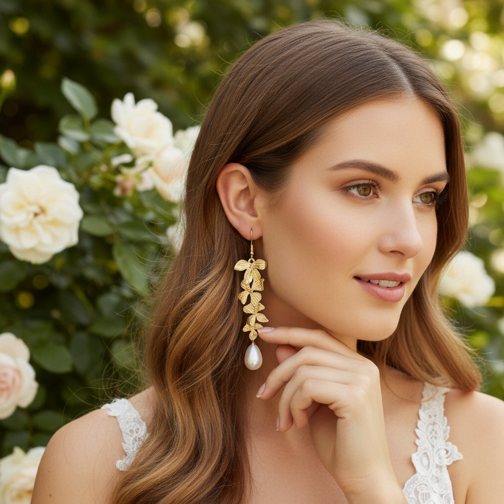 ATHENA COLLECTION - ORCHID CHANDELIER EARRINGS - CZER889 GOLD