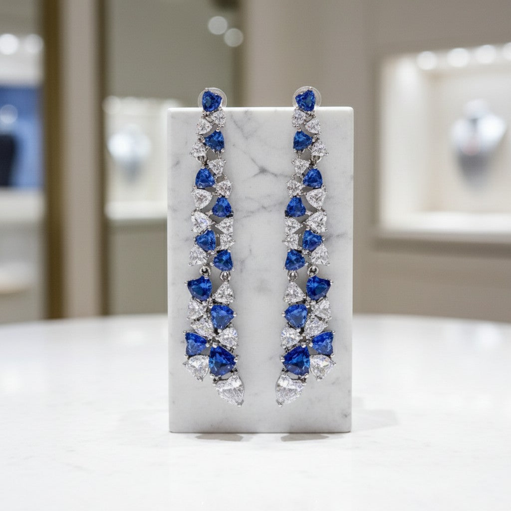 CUBIC ZIRCONIA COLLECTION - STATEMENT WATERFALL EARRINGS - SAPPHIRE CZER900
