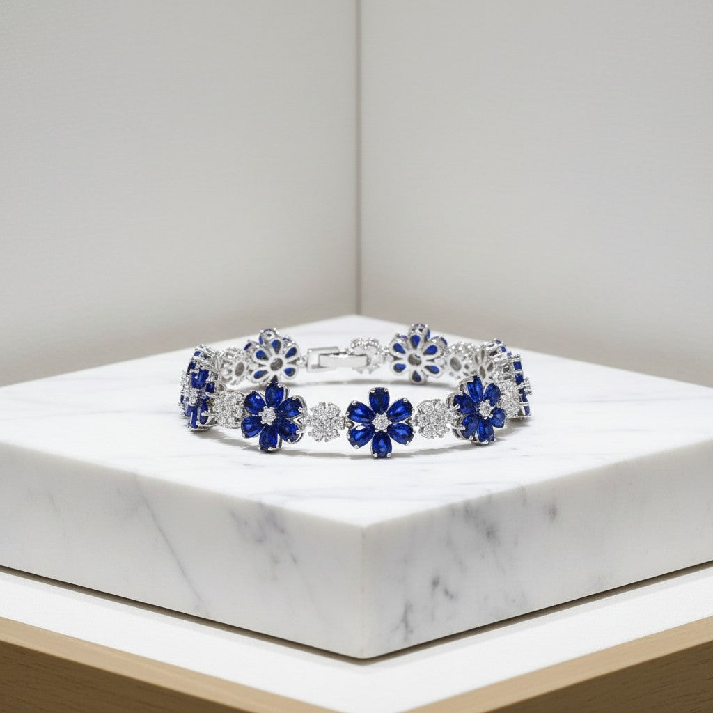 CUBIC ZIRCONIA COLLECTION - GLITZY GLAM FLOWER BRACELET - BLUE (BR176)