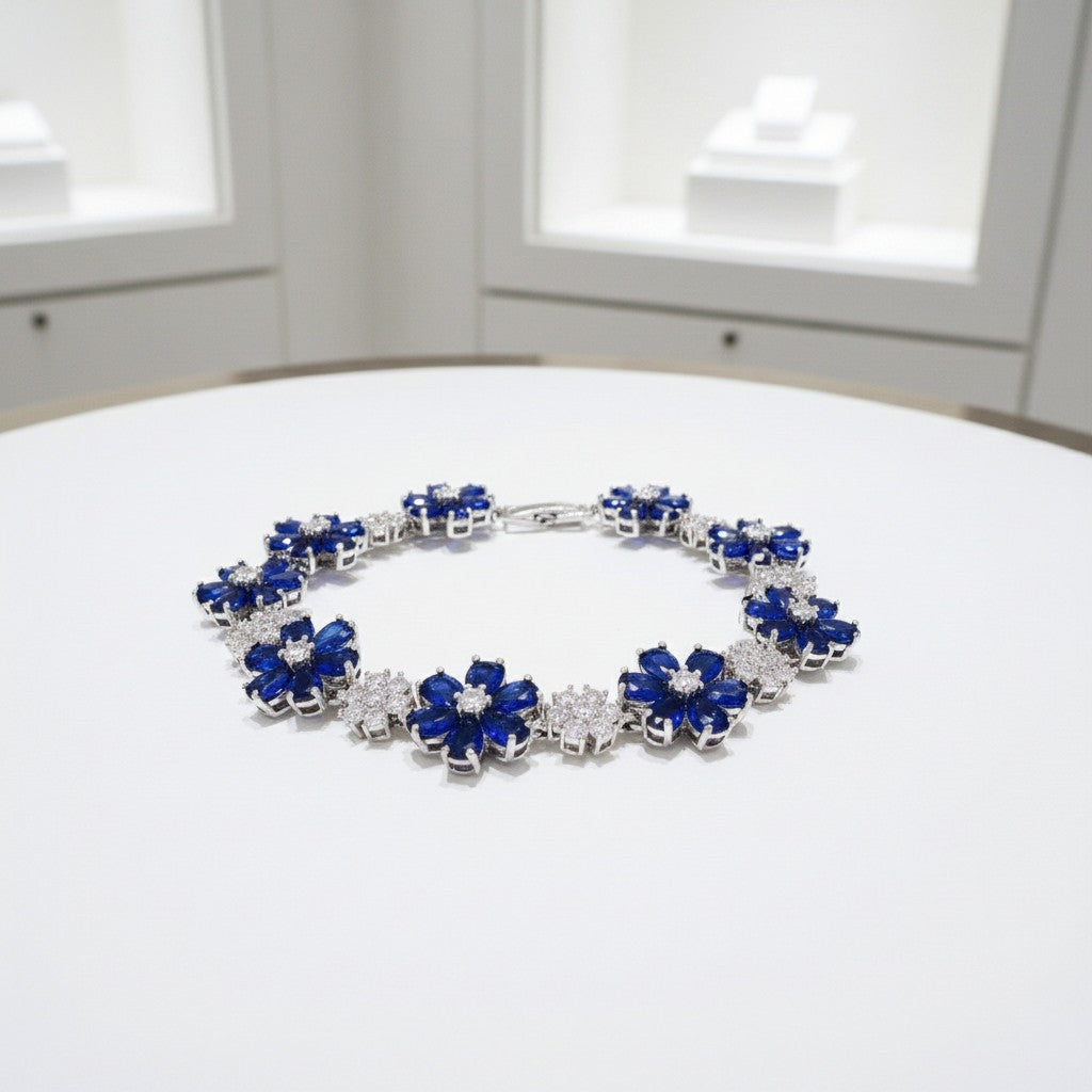 CUBIC ZIRCONIA COLLECTION - GLITZY GLAM FLOWER BRACELET - BLUE (BR176)
