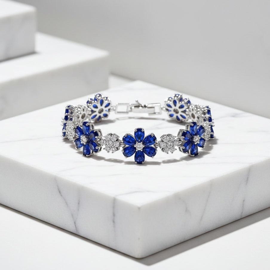 CUBIC ZIRCONIA COLLECTION - GLITZY GLAM FLOWER BRACELET - BLUE (BR176)