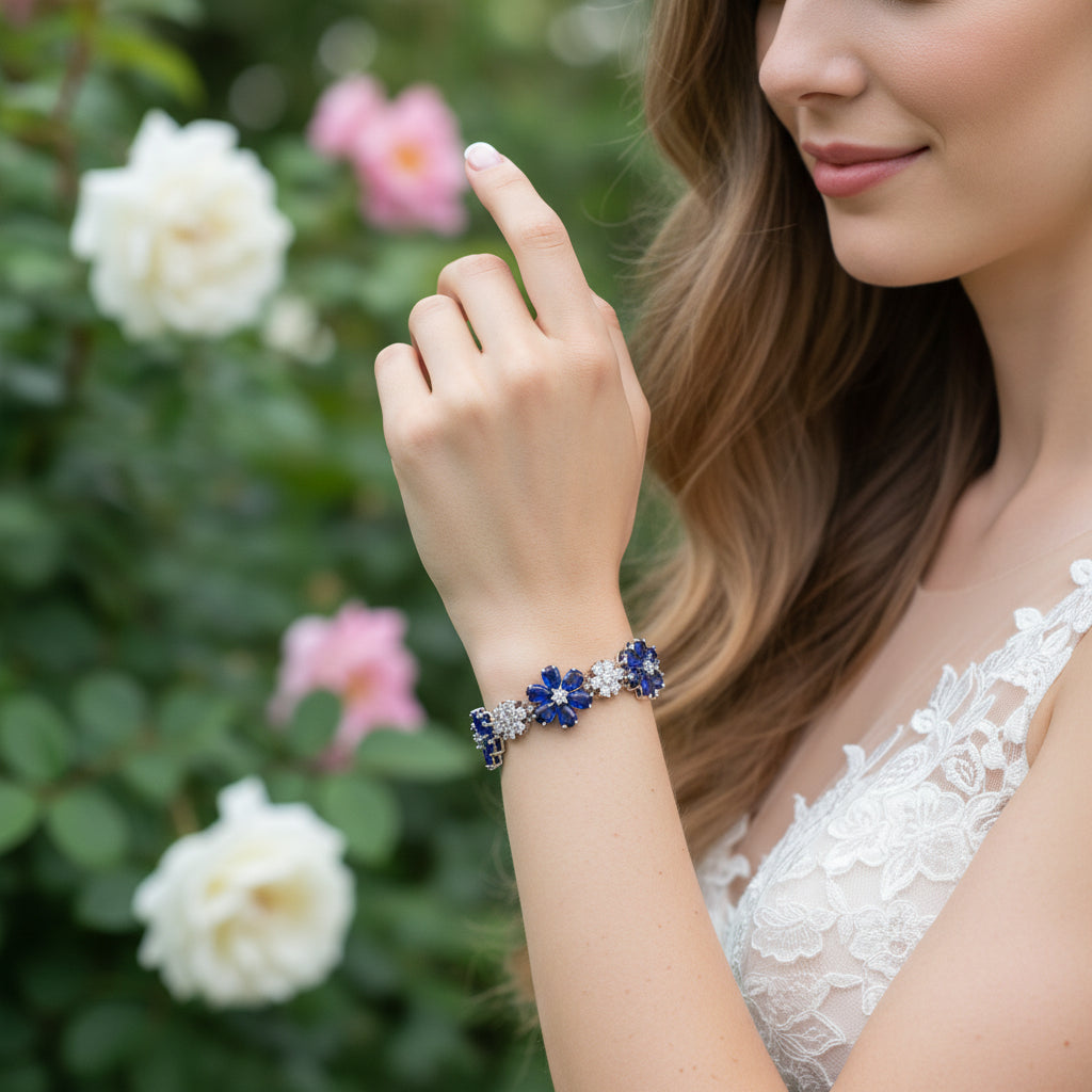 CUBIC ZIRCONIA COLLECTION - GLITZY GLAM FLOWER BRACELET - BLUE (BR176)