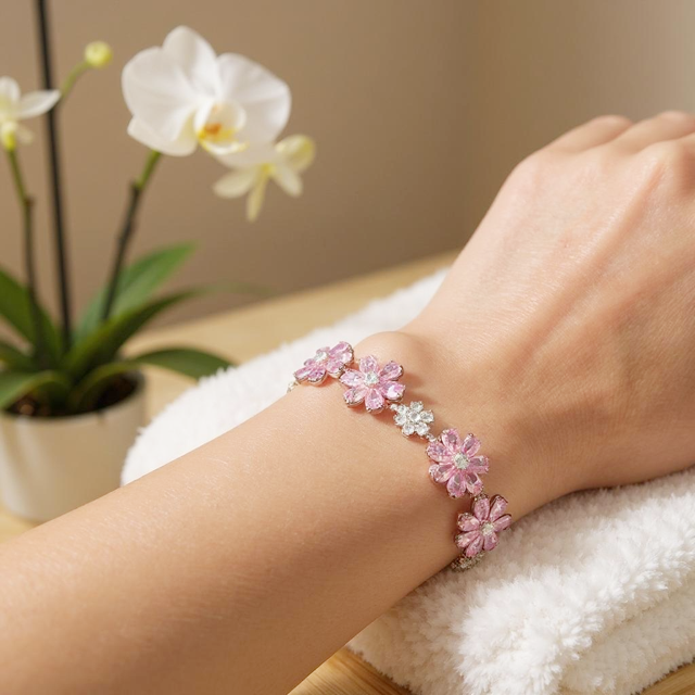 CUBIC ZIRCONIA COLLECTION - GLITZY GLAM FLOWER BRACELET - PINK (BR176)