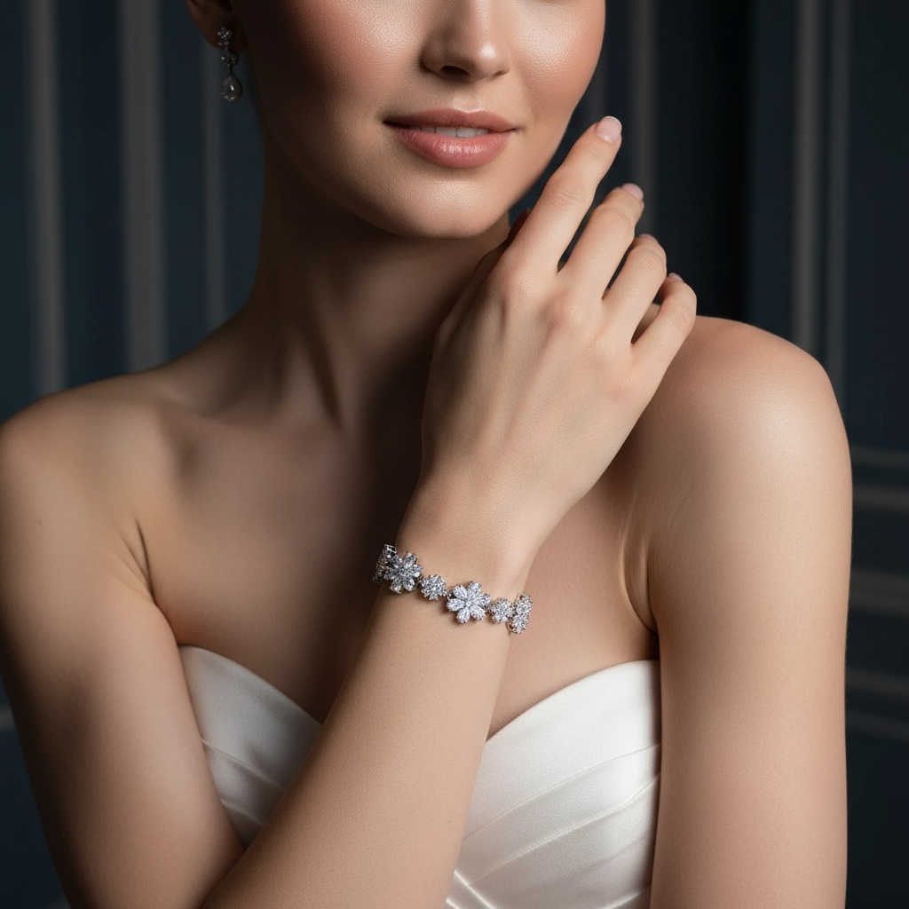 CUBIC ZIRCONIA COLLECTION - GLITZY GLAM FLOWER BRACELET - SILVER (BR176)