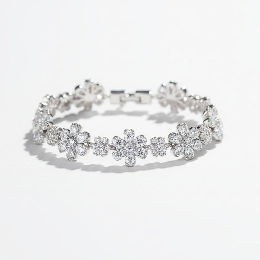 CUBIC ZIRCONIA COLLECTION - GLITZY GLAM FLOWER BRACELET - SILVER (BR176)