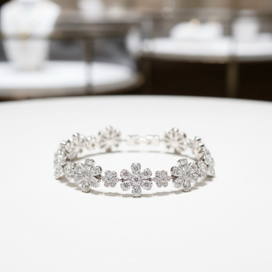 CUBIC ZIRCONIA COLLECTION - GLITZY GLAM FLOWER BRACELET - SILVER (BR176)