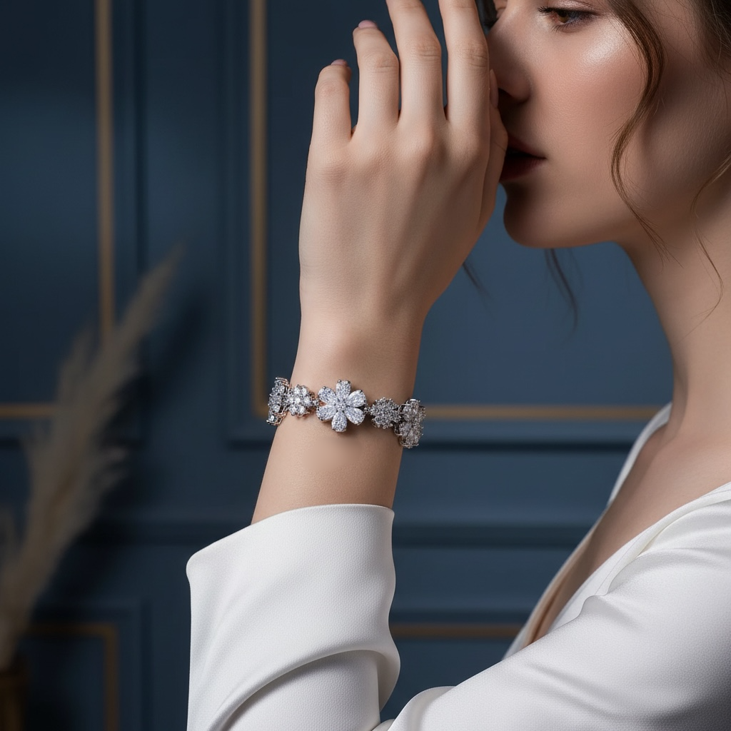 CUBIC ZIRCONIA COLLECTION - GLITZY GLAM FLOWER BRACELET - SILVER (BR176)
