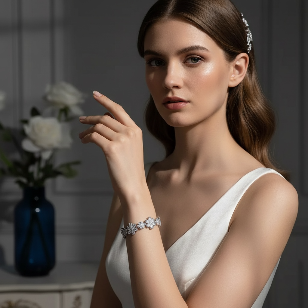 CUBIC ZIRCONIA COLLECTION - GLITZY GLAM FLOWER BRACELET - SILVER (BR176)