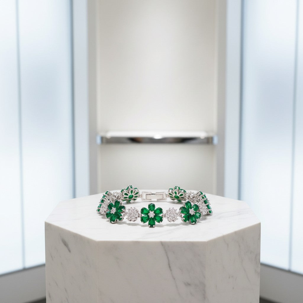 CUBIC ZIRCONIA COLLECTION - GLITZY GLAM FLOWER BRACELET - EMERALD (BR176)