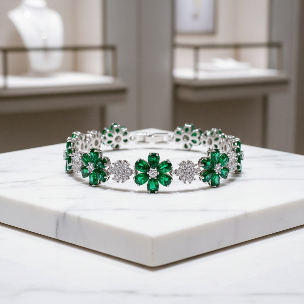 CUBIC ZIRCONIA COLLECTION - GLITZY GLAM FLOWER BRACELET - EMERALD (BR176)