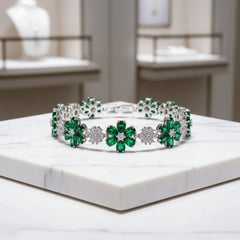 CUBIC ZIRCONIA COLLECTION - GLITZY GLAM FLOWER BRACELET - EMERALD (BR176)