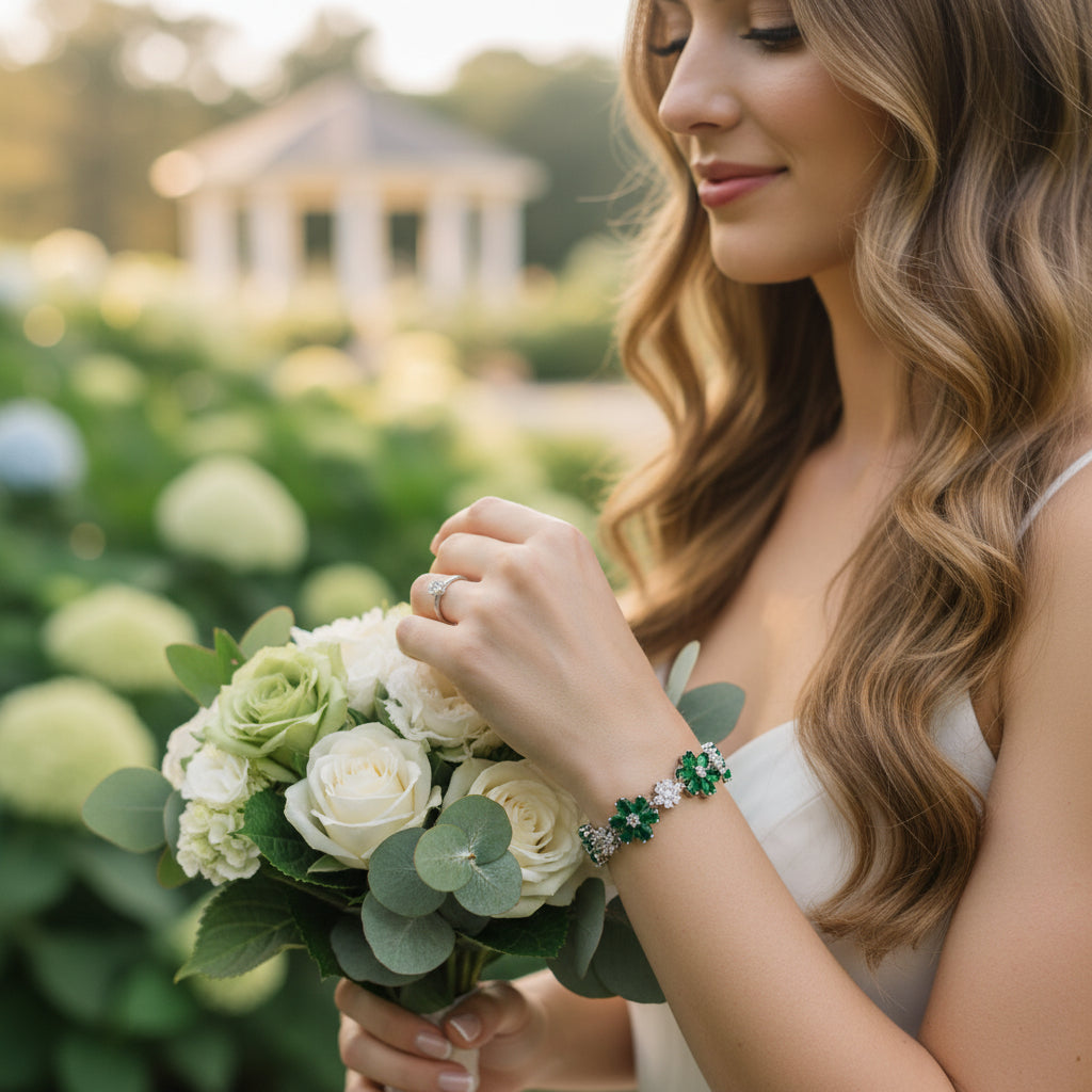 CUBIC ZIRCONIA COLLECTION - GLITZY GLAM FLOWER BRACELET - EMERALD (BR176)