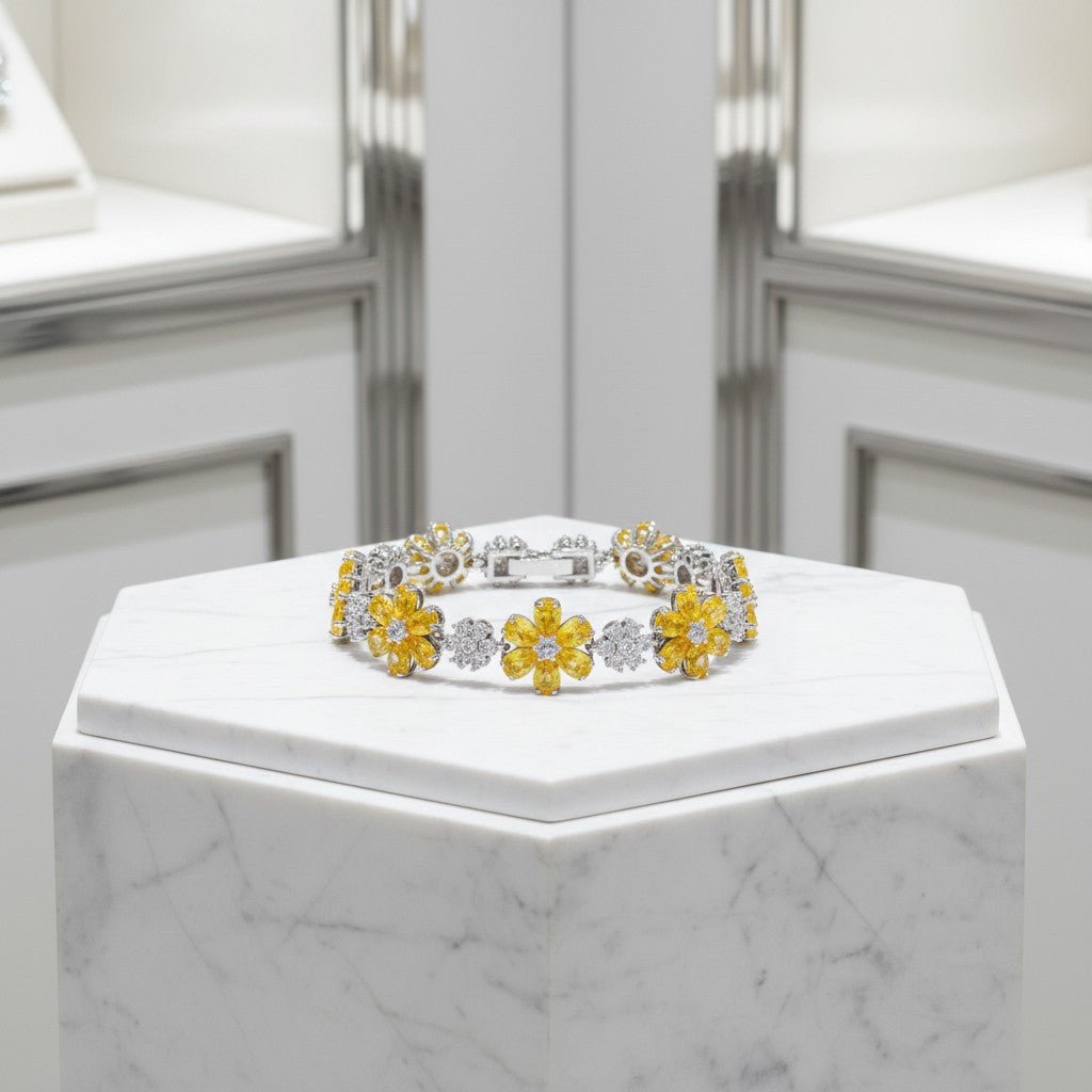CUBIC ZIRCONIA COLLECTION - GLITZY GLAM FLOWER BRACELET - YELLOW (BR176)