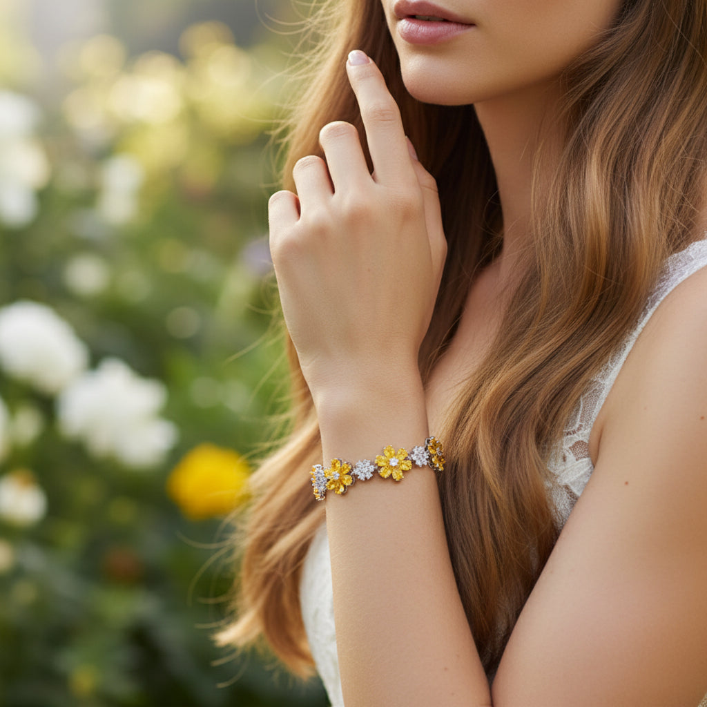 CUBIC ZIRCONIA COLLECTION - GLITZY GLAM FLOWER BRACELET - YELLOW (BR176)