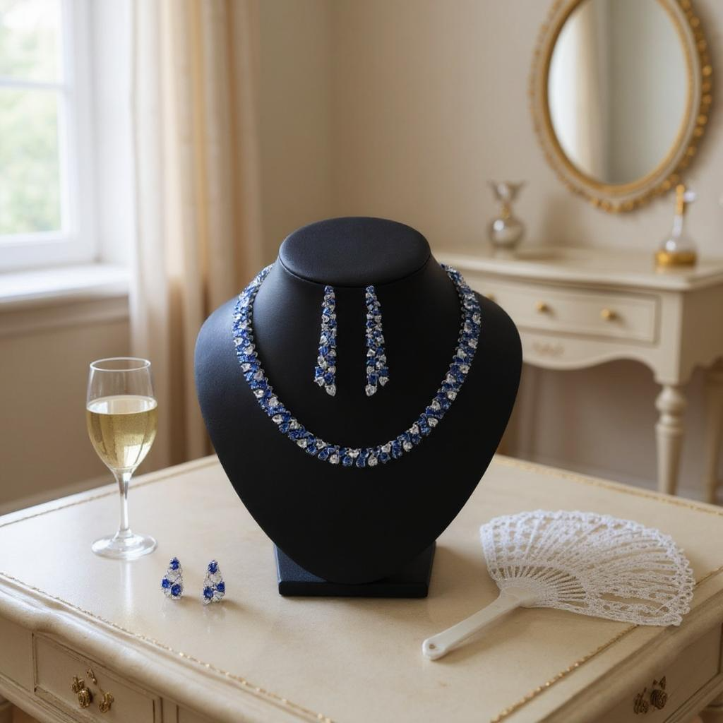 CUBIC ZIRCONIA COLLECTION - STATEMENT WATERFALL NECKLACE SET - SAPPHIRE CZNK269