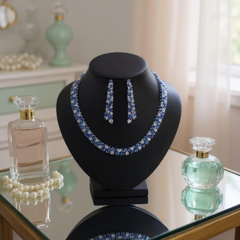 CUBIC ZIRCONIA COLLECTION - STATEMENT WATERFALL NECKLACE SET - SAPPHIRE CZNK269