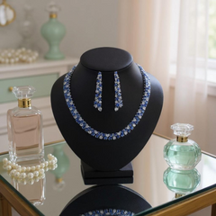 CUBIC ZIRCONIA COLLECTION - STATEMENT WATERFALL NECKLACE SET - SAPPHIRE CZNK269