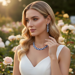 CUBIC ZIRCONIA COLLECTION - STATEMENT WATERFALL NECKLACE SET - SAPPHIRE CZNK269