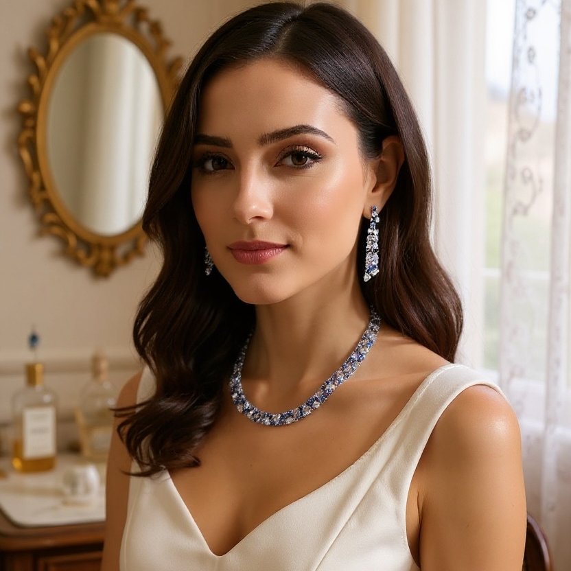 CUBIC ZIRCONIA COLLECTION - STATEMENT WATERFALL NECKLACE SET - SAPPHIRE CZNK269