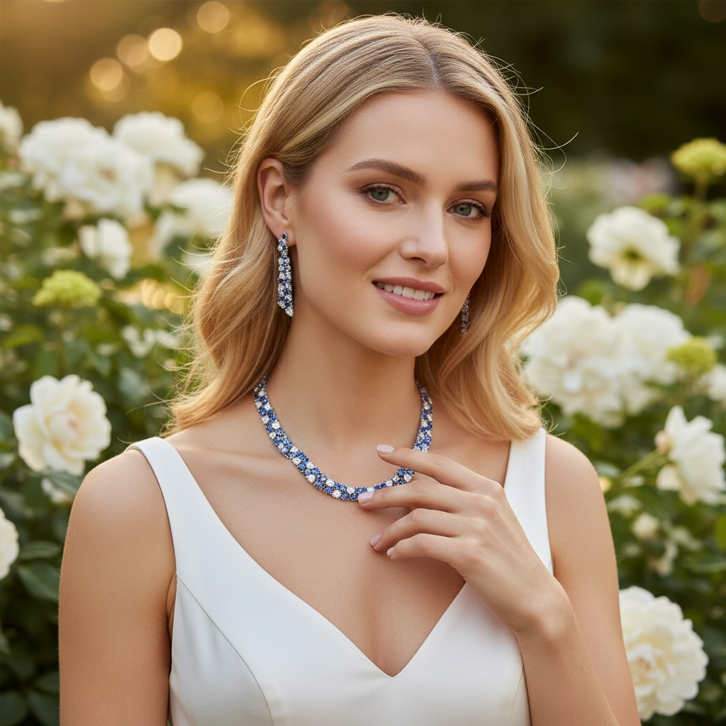 CUBIC ZIRCONIA COLLECTION - STATEMENT WATERFALL NECKLACE SET - SAPPHIRE CZNK269