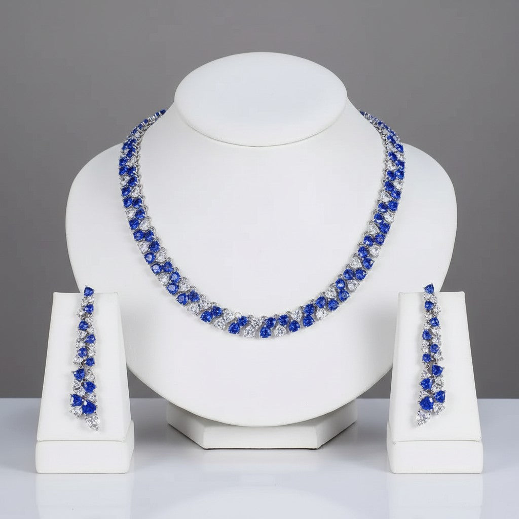 CUBIC ZIRCONIA COLLECTION - STATEMENT WATERFALL NECKLACE SET - SAPPHIRE CZNK269