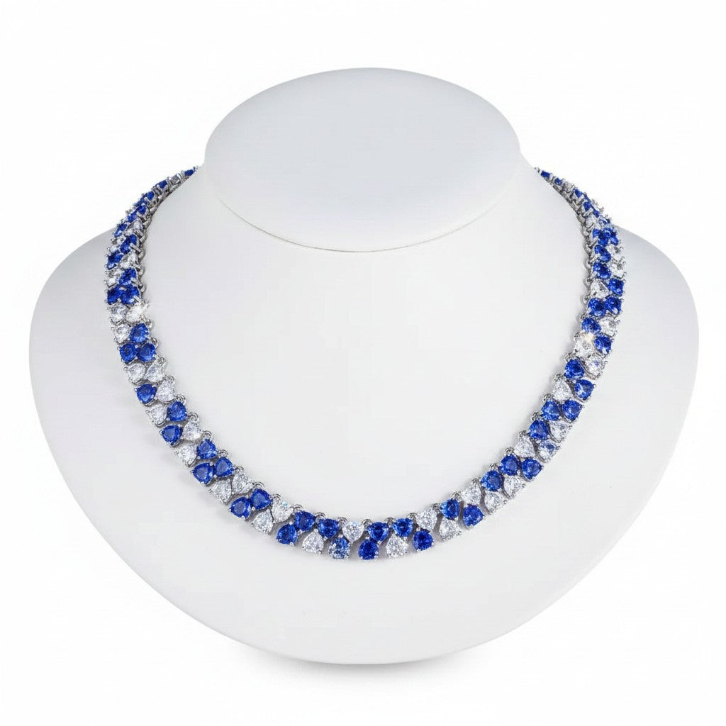 CUBIC ZIRCONIA COLLECTION - STATEMENT WATERFALL NECKLACE SET - SAPPHIRE CZNK269