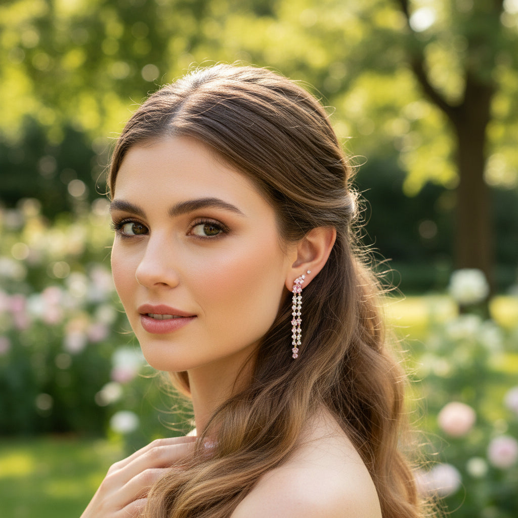 CUBIC ZIRCONIA COLLECTION - GLAM PINK WATERFALL EARRINGS CZER907