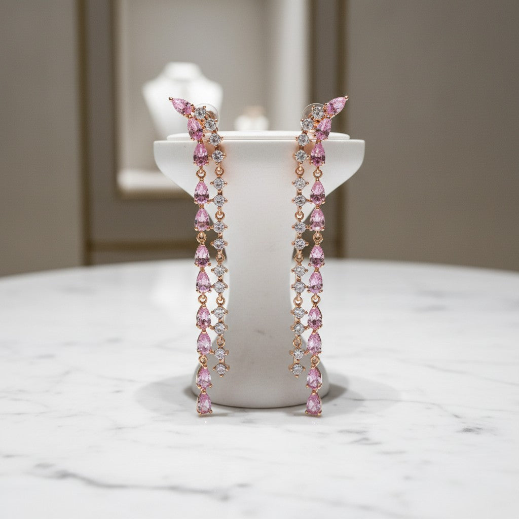CUBIC ZIRCONIA COLLECTION - GLAM PINK WATERFALL EARRINGS CZER907