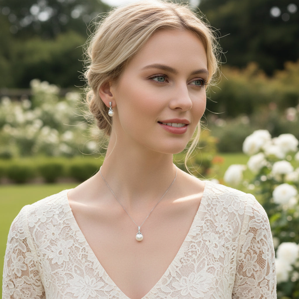 Cubic Zirconia Collection -  Precious Pearl Necklace Set - (Ivory) NK4