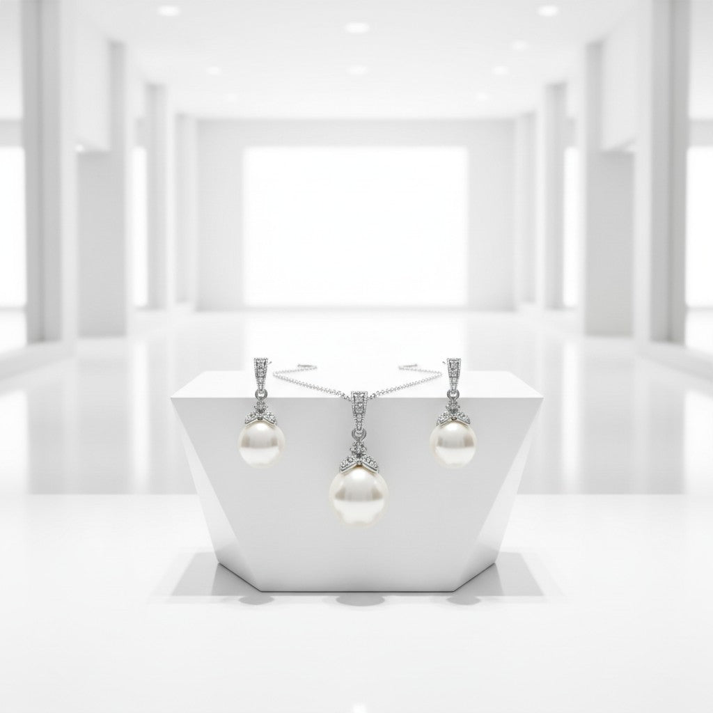 Cubic Zirconia Collection -  Precious Pearl Necklace Set - (Ivory) NK4