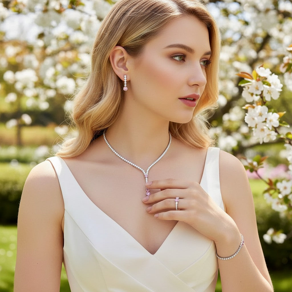 CUBIC ZIRCONIA COLLECTION - PINK SPARKLE NECKLACE SET - 4 PIECE SET -CZNK271