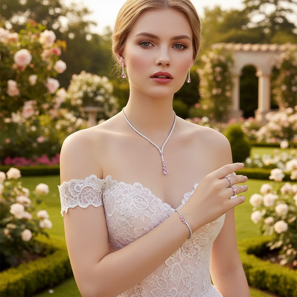CUBIC ZIRCONIA COLLECTION - PINK SPARKLE NECKLACE SET - 4 PIECE SET -CZNK271