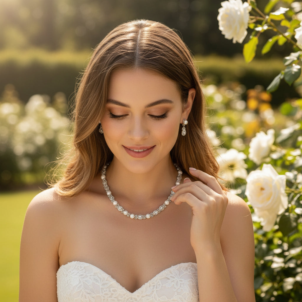 CUBIC ZIRCONIA COLLECTION - LUXE PEARL NECKLACE SET - CZNK 272 SILVER