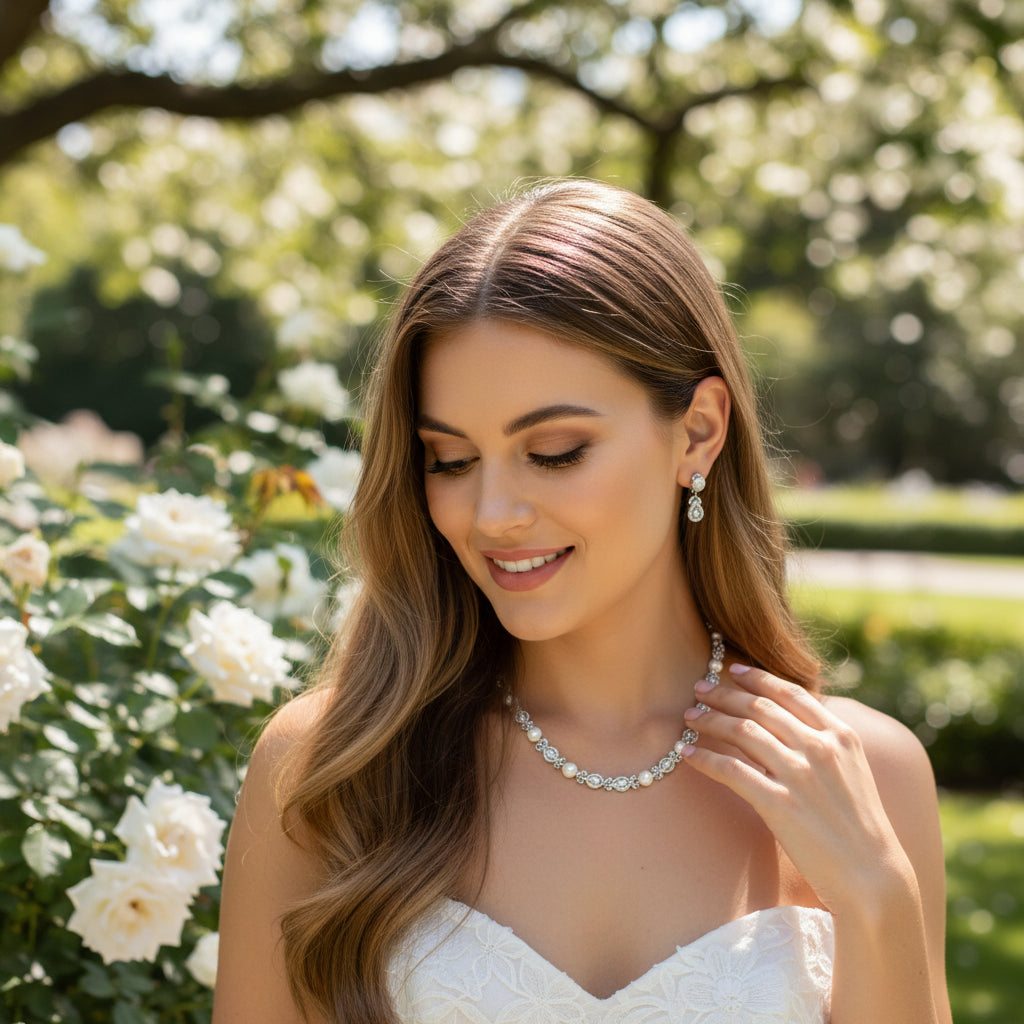 CUBIC ZIRCONIA COLLECTION - LUXE PEARL NECKLACE SET - CZNK 272 SILVER
