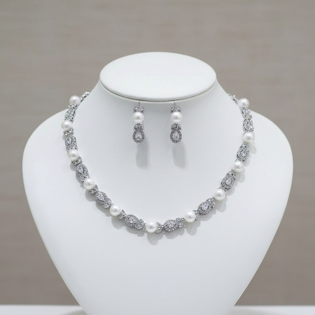 CUBIC ZIRCONIA COLLECTION - LUXE PEARL NECKLACE SET - CZNK 272 SILVER