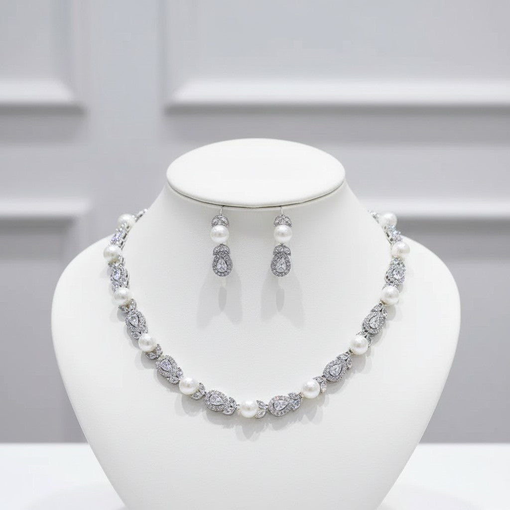 CUBIC ZIRCONIA COLLECTION - LUXE PEARL NECKLACE SET - CZNK 272 SILVER
